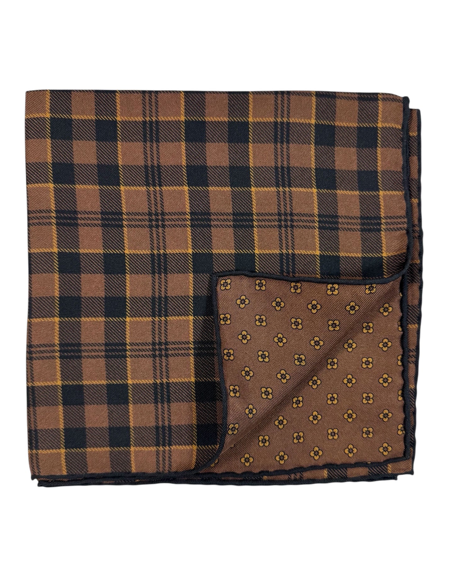 Kiton Silk Pocket Square Brown Check - 2 Sided Design New