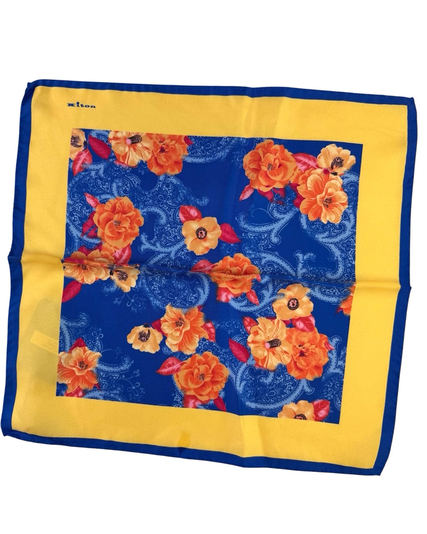 Kiton Silk Pocket Square Royal Blue Orange Floral