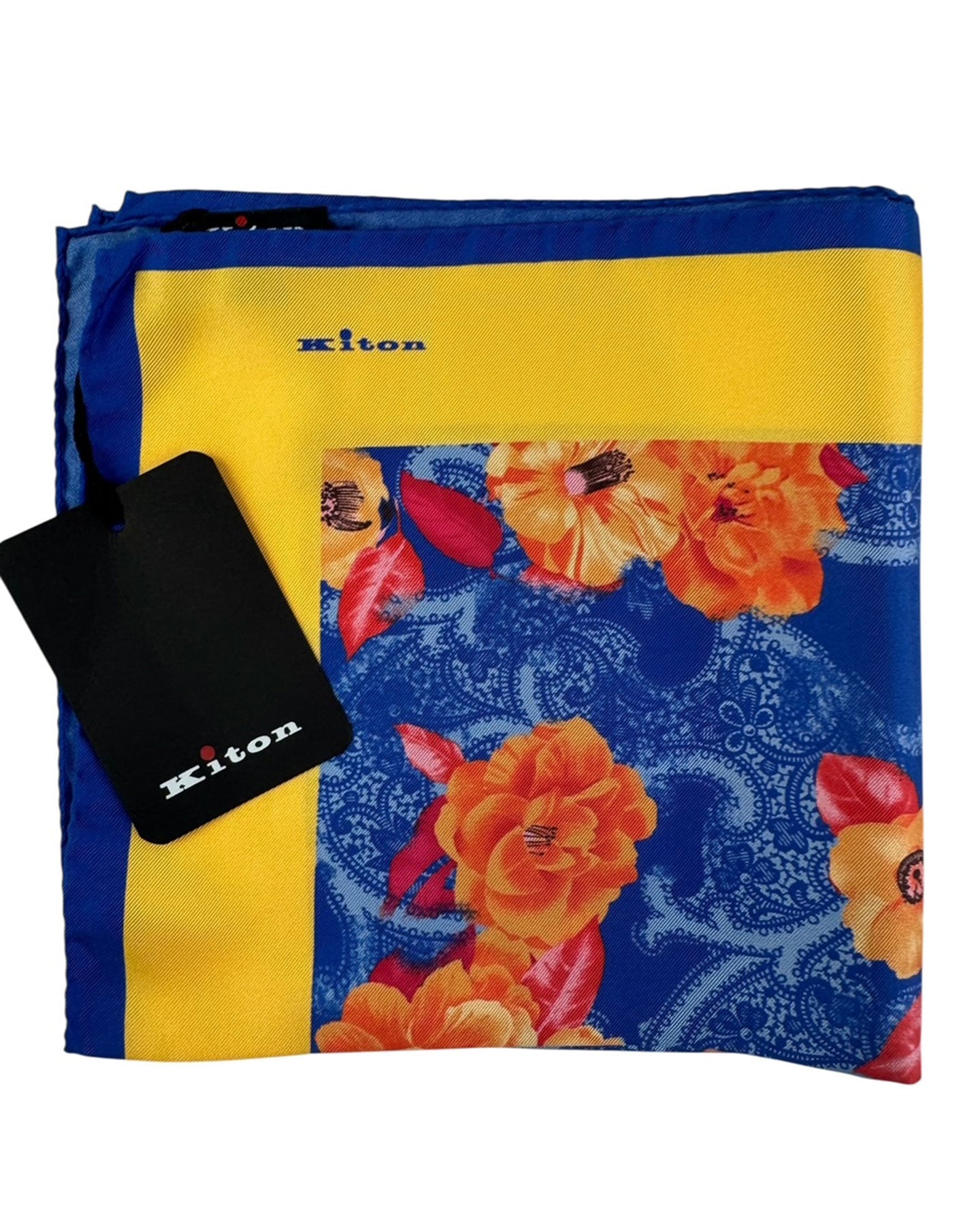 Kiton Silk Pocket Square Royal Blue Orange Floral