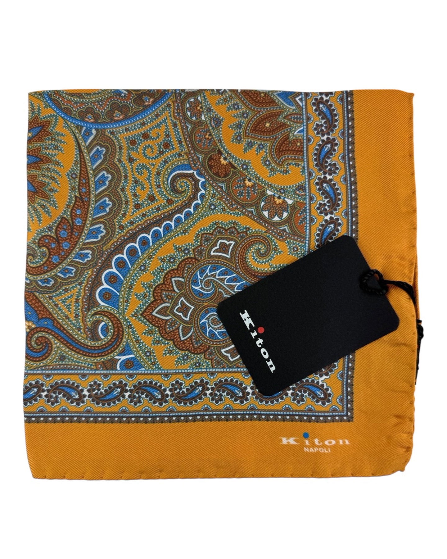 Kiton Silk Pocket Square Olive Paisley