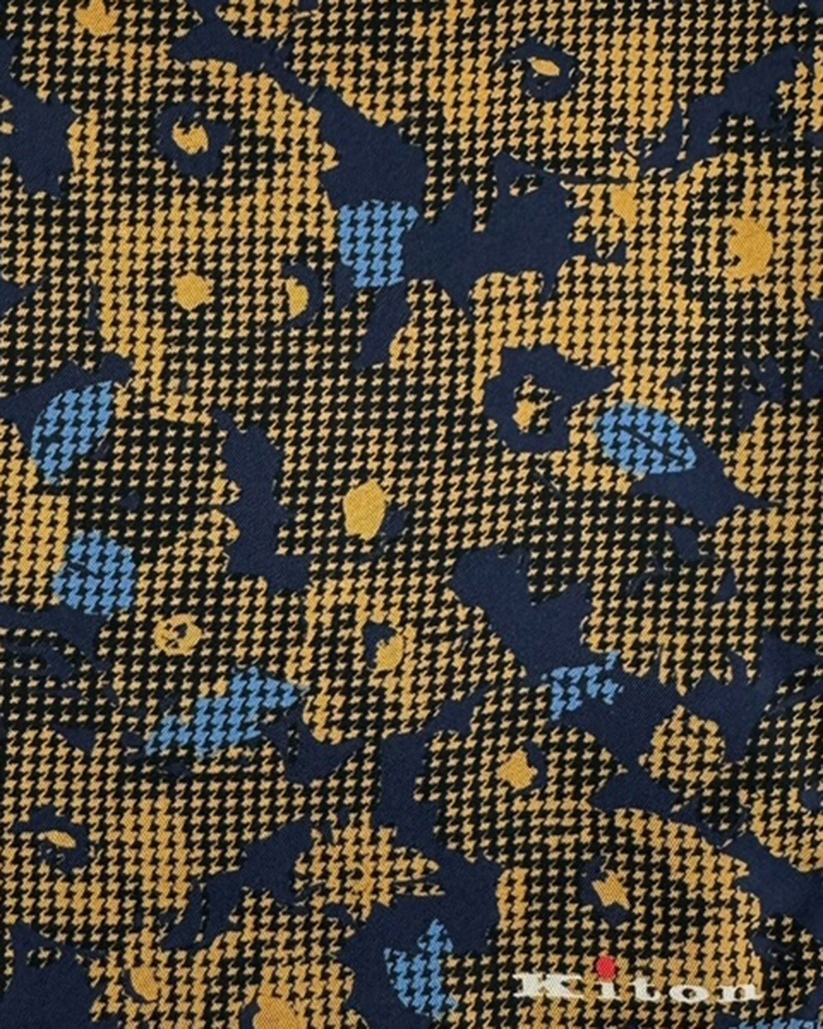 Kiton Silk Pocket Square Olive-Green Navy Houndstooth Floral