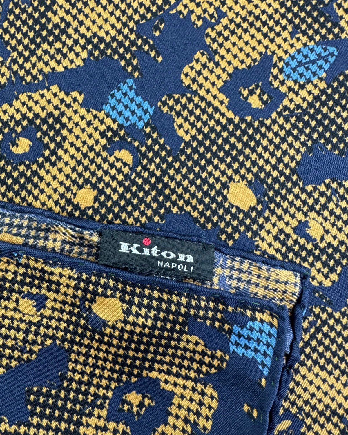 Kiton Silk Pocket Square Olive-Green Navy Houndstooth Floral