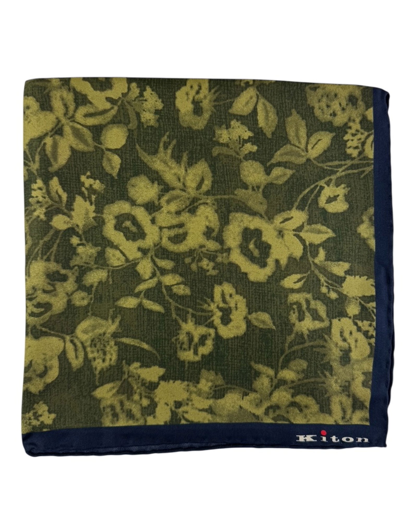 Kiton Silk Pocket Square Olive Green Navy Floral
