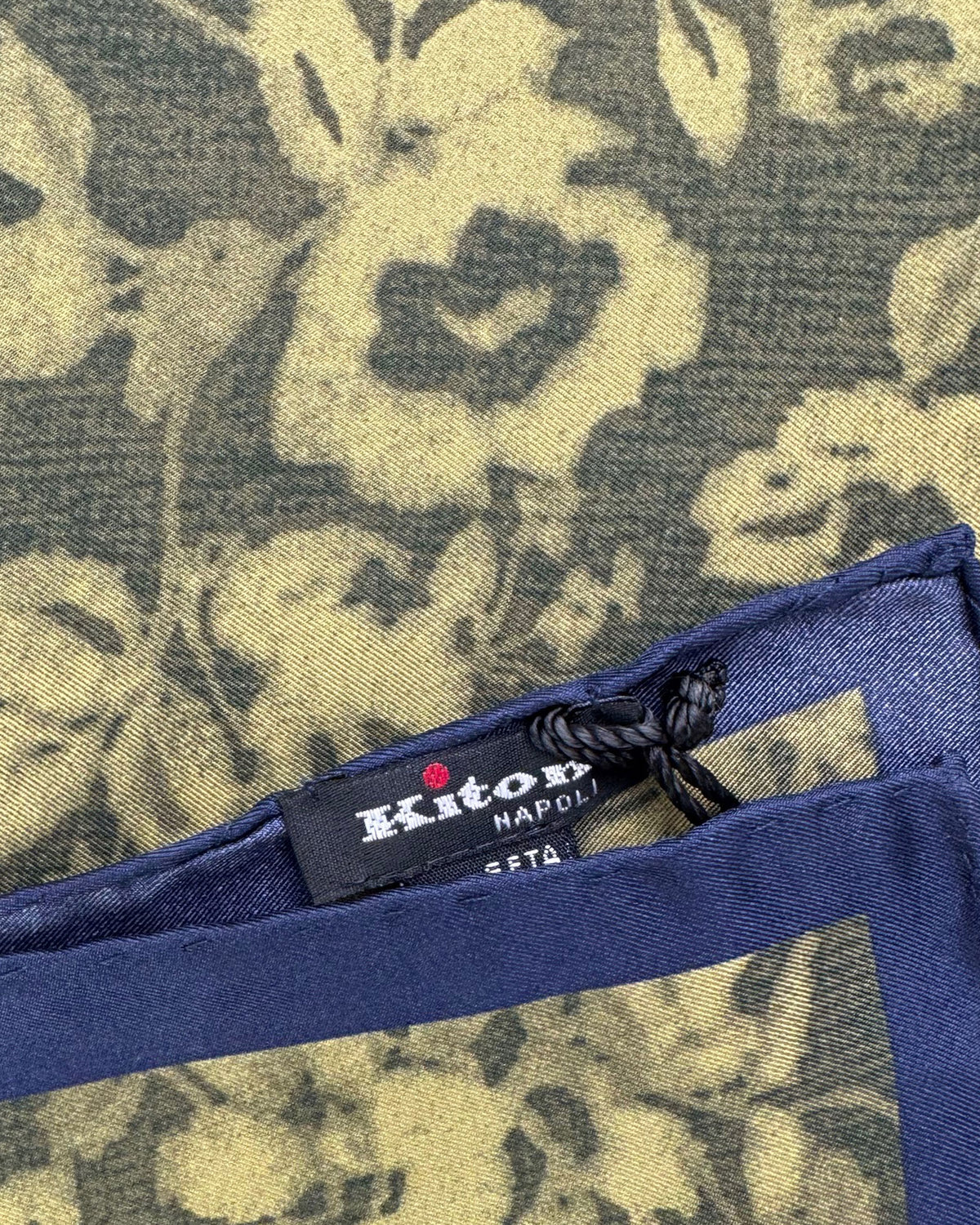 Kiton Silk Pocket Square Olive Green Navy Floral