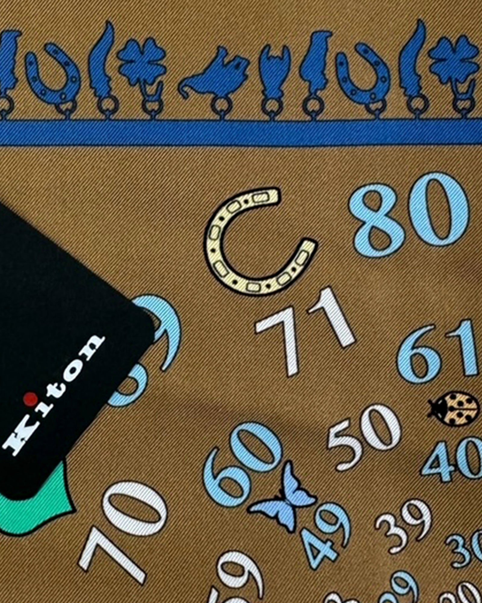 Kiton Silk Pocket Square Brown Number & Charms Novelty