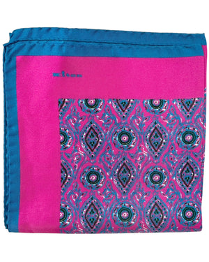 Kiton Silk Pocket Square Pink Navy Medallions