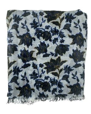 Kiton Scarf Dark Blue Floral - Luxury Cashmere Silk Shawl