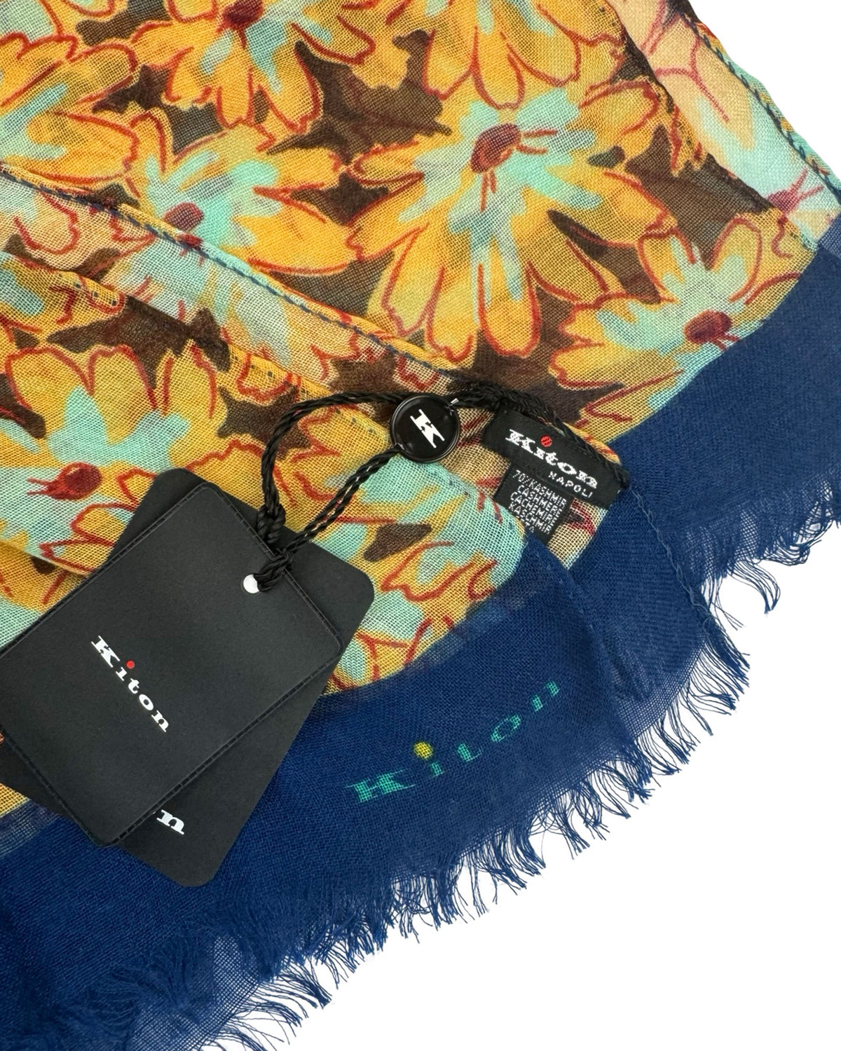 Kiton Scarf Floral Peach Brown Navy - Cashmere Silk Shawl