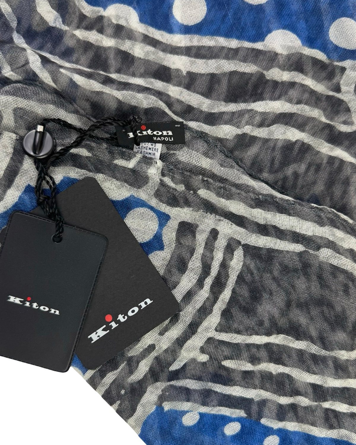 Kiton Cashmere Scarf Royal Blue Gray Polka Dots