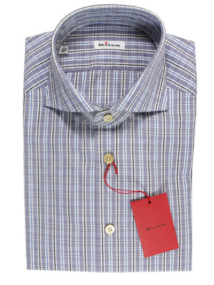 Kiton Dress Shirt White Navy Royal Blue Check 