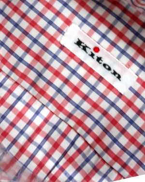 Kiton Short Sleeve Shirt White Red Royal Blue Check 37 - 14 1/2 SALE