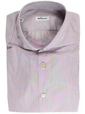 Kiton Dress Shirt White Red Blue Stripes Spread Collar