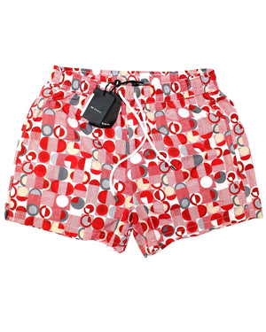 Kiton Swim Shorts L Red Gray Geometric - Men Swimwear