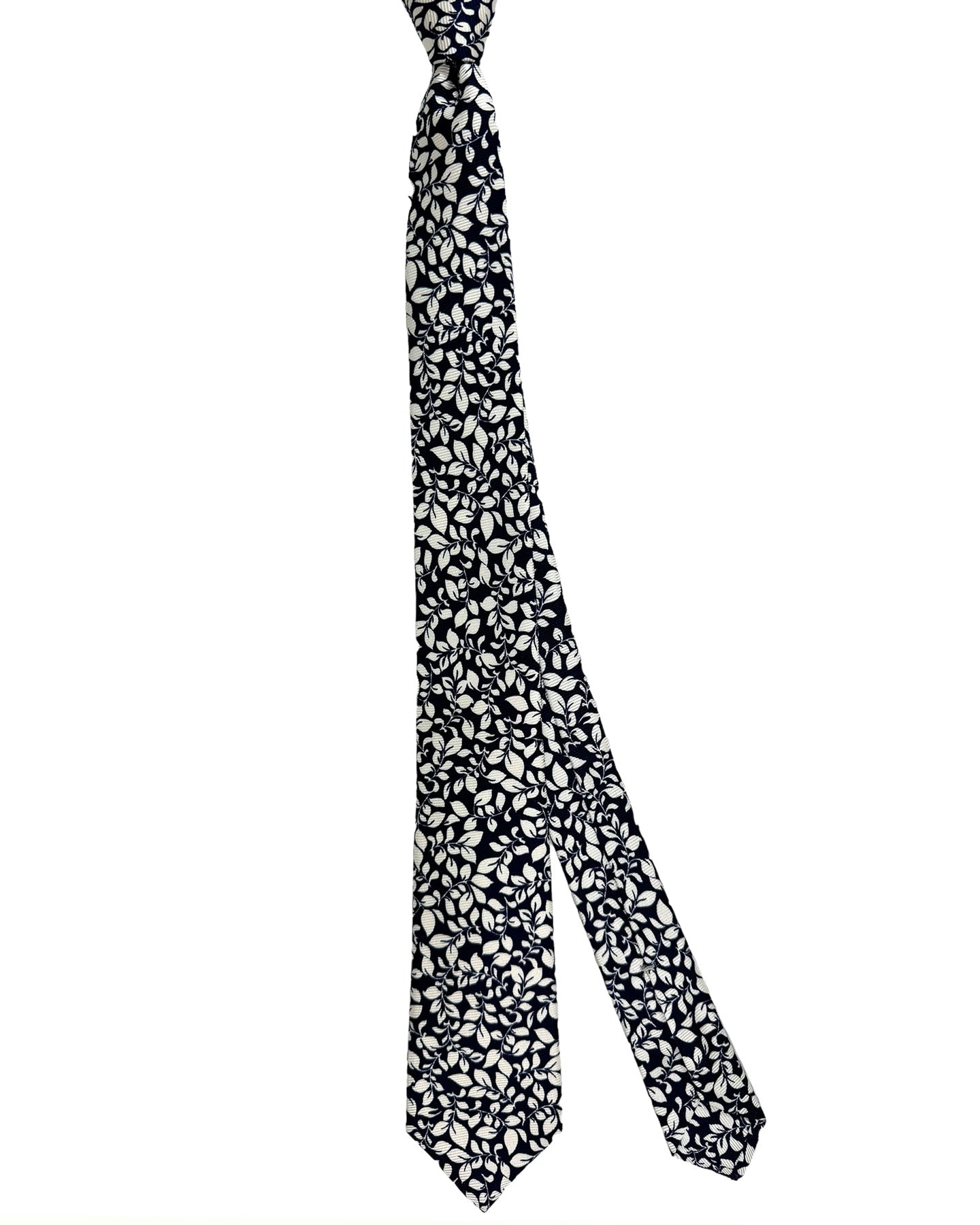 Kiton Tie Dark Blue White Leaves - Narrow Sevenfold Necktie