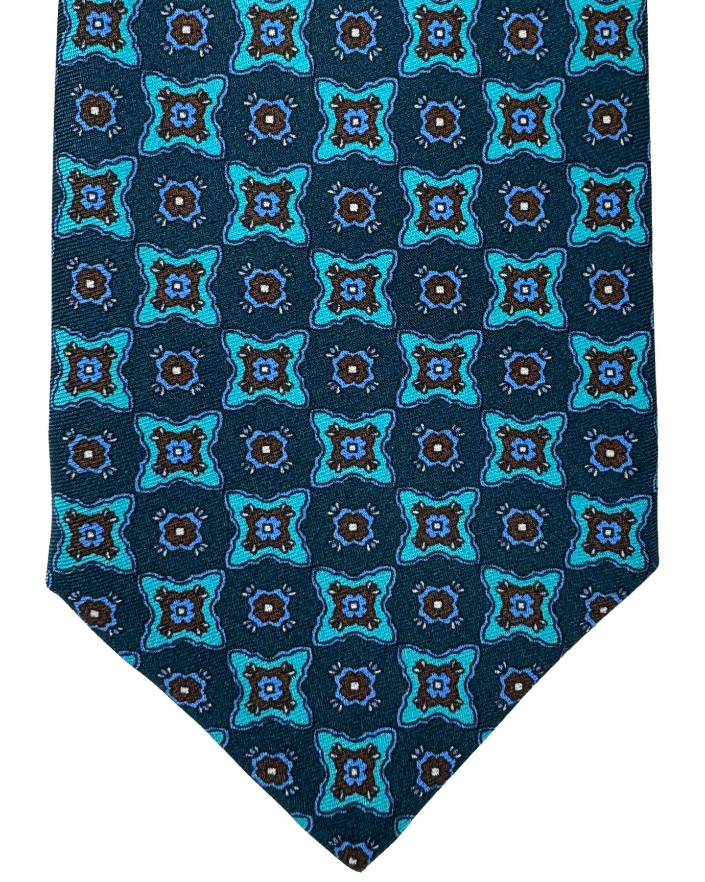 Kiton Tie Teal Aqua Brown Medallions - Sevenfold Necktie