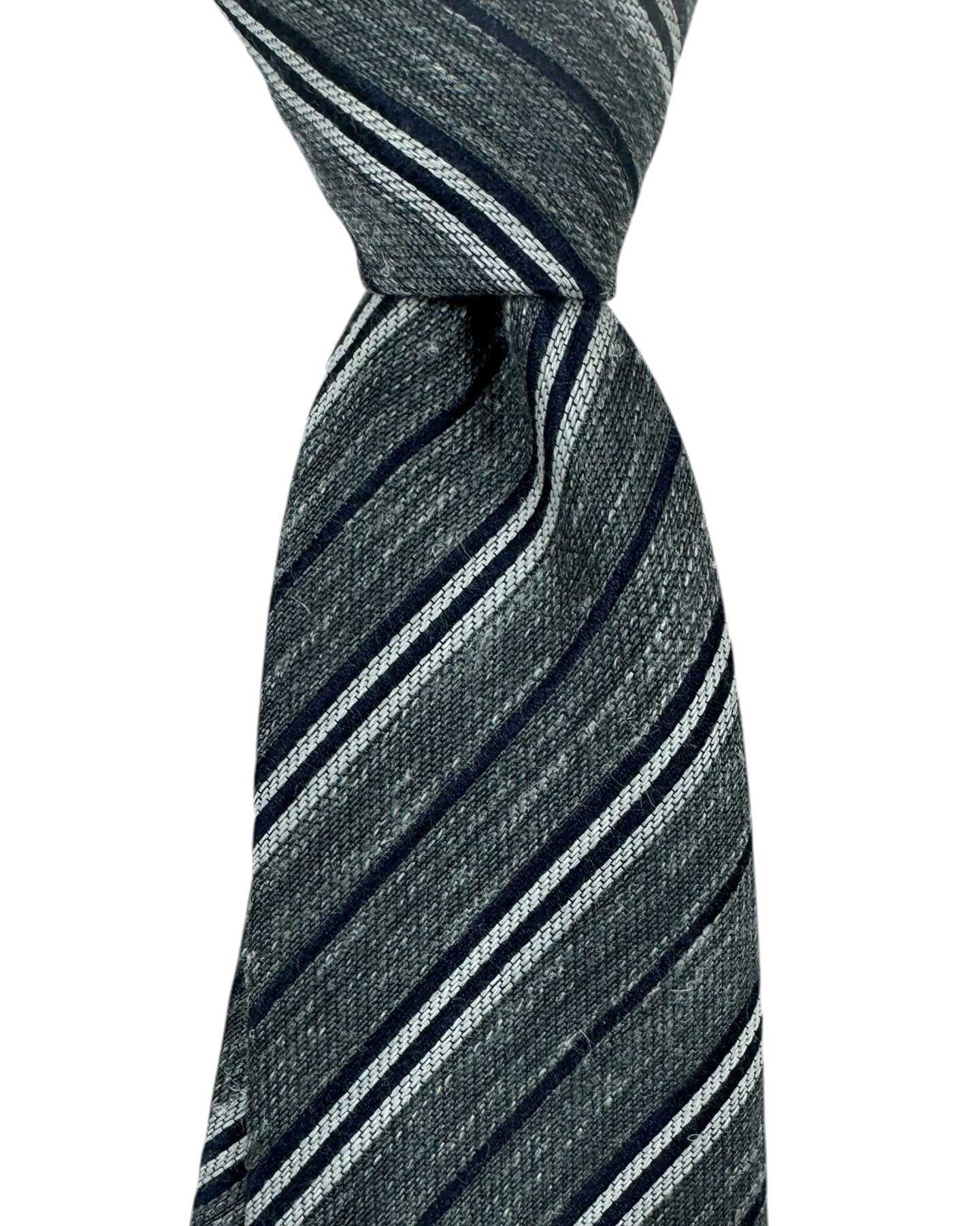 Kiton Silk Wool Linen Tie Gray Stripes Design - Sevenfold Necktie