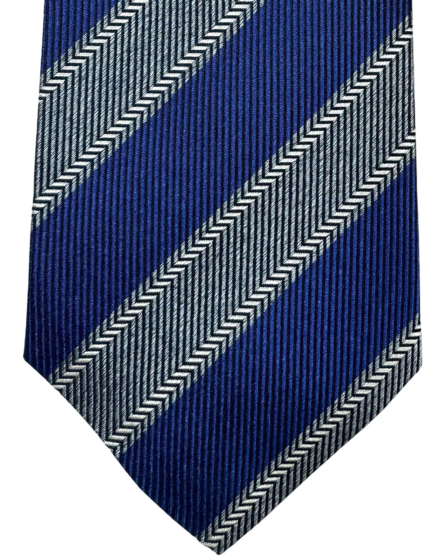 Kiton Silk Tie Royal Blue Gray Stripes Design - Sevenfold Necktie