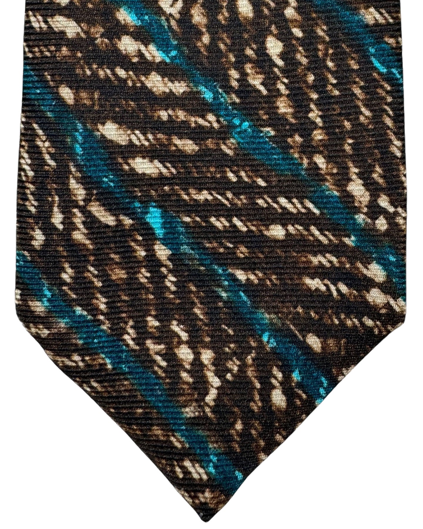 Kiton Silk Tie Brown Aqua Herringbone & Stripes Design - Sevenfold Necktie