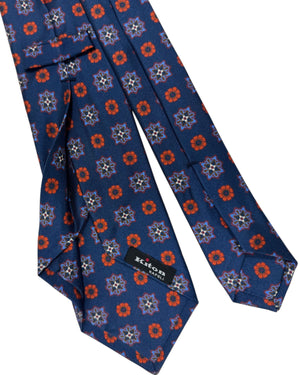 Kiton Tie Navy Orange Flowers Medallion - Sevenfold Necktie