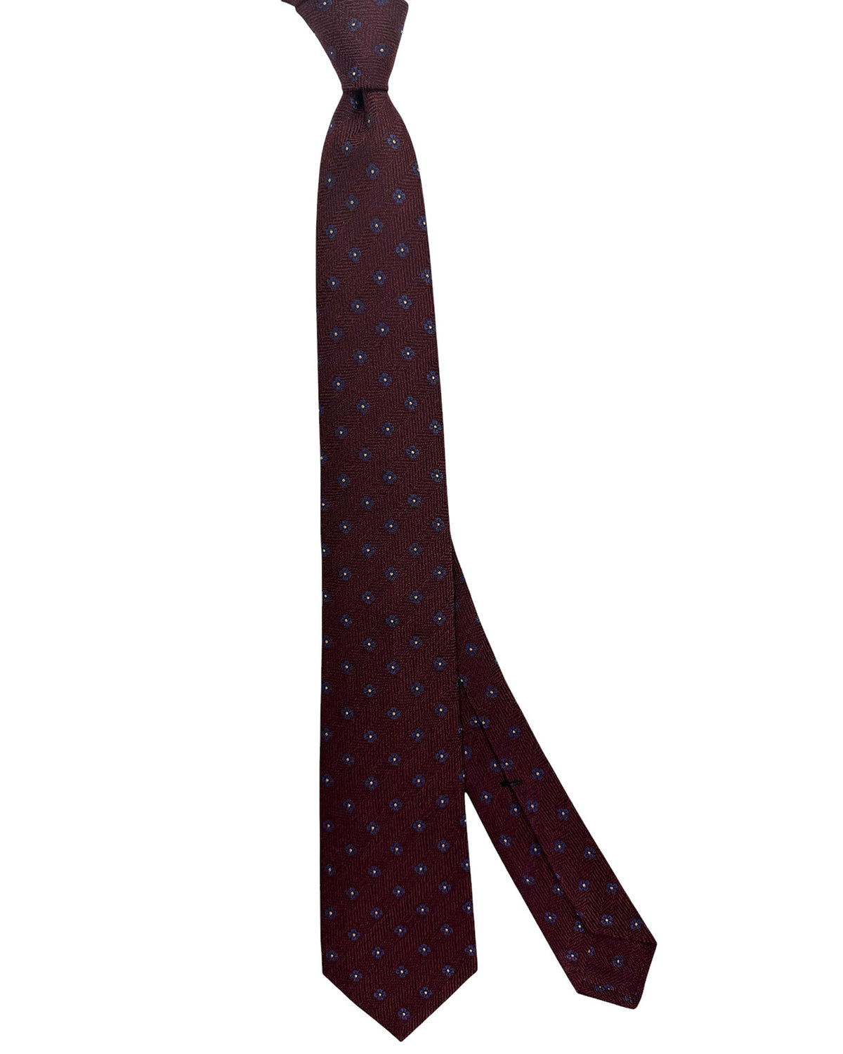 Kiton Sevenfold Tie MaroonMini Flowers Design- Wool Silk