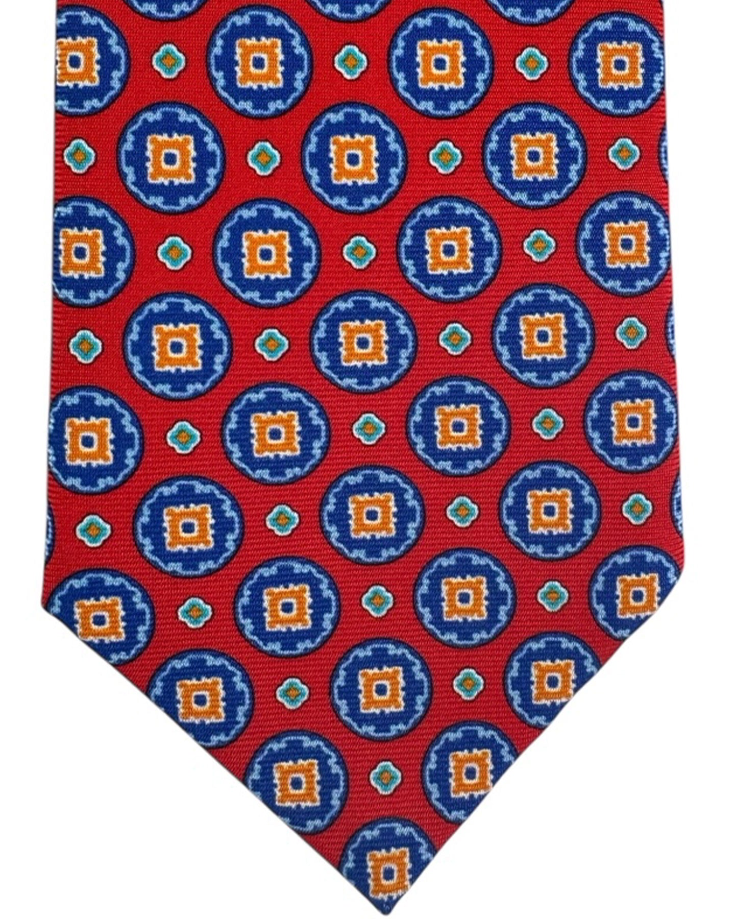 Kiton Sevenfold Tie Red Royal Blue Medallion Design