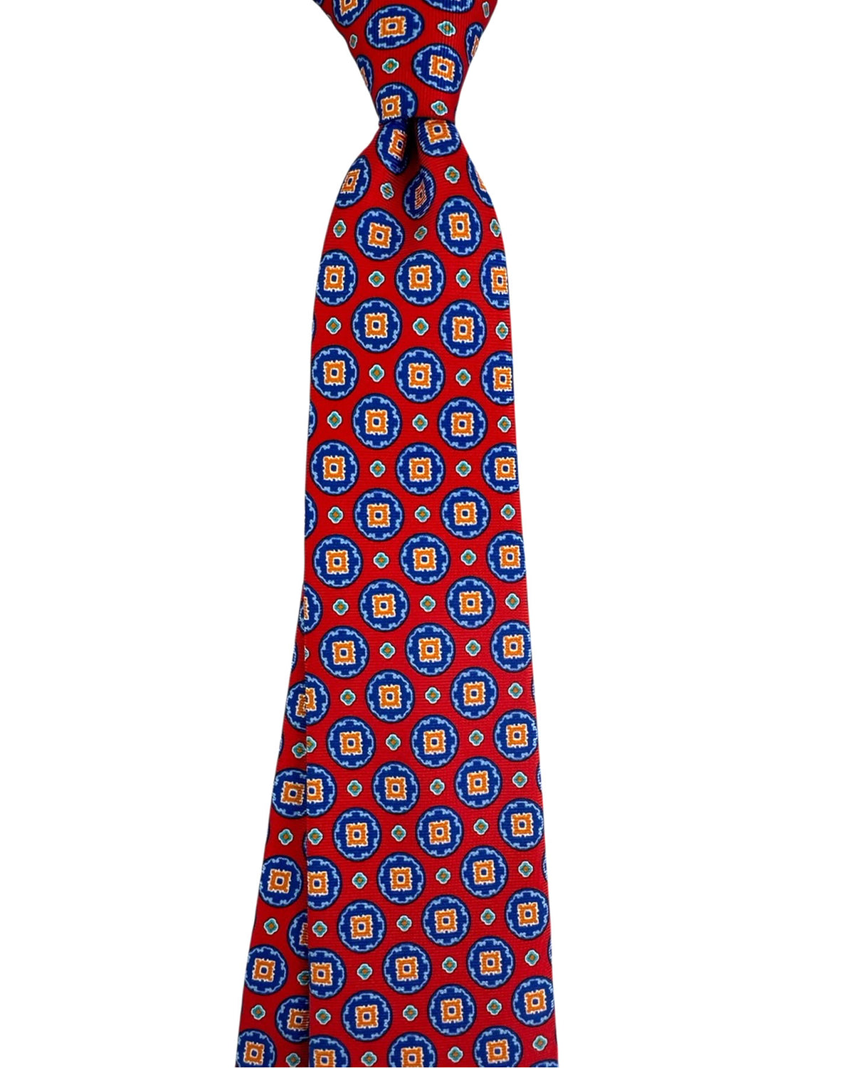 Kiton Sevenfold Tie Red Royal Blue Medallion Design