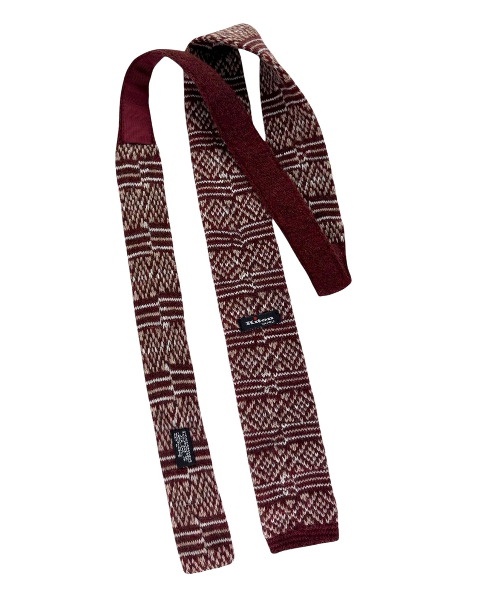 Kiton Square End Knitted Tie Maroon Gray Taupe Pattern - Alpaca Wool SALE