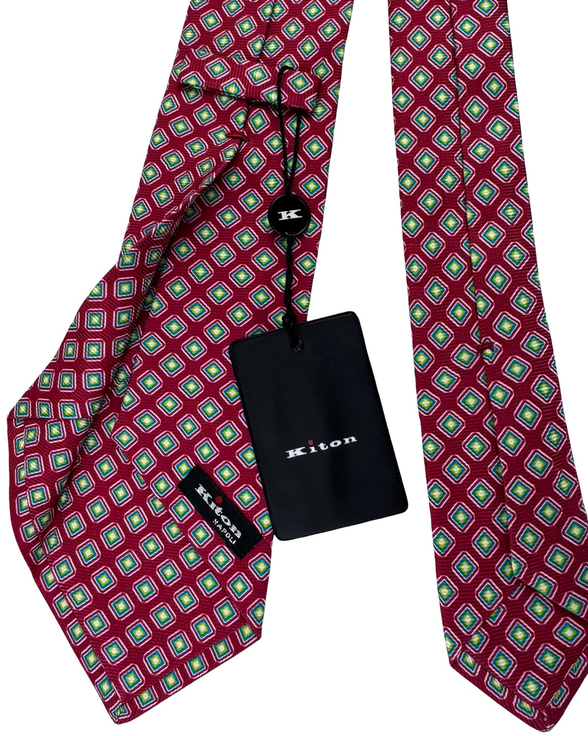Kiton Sevenfold Tie Red And Emerald Diamond Medallion Pattern