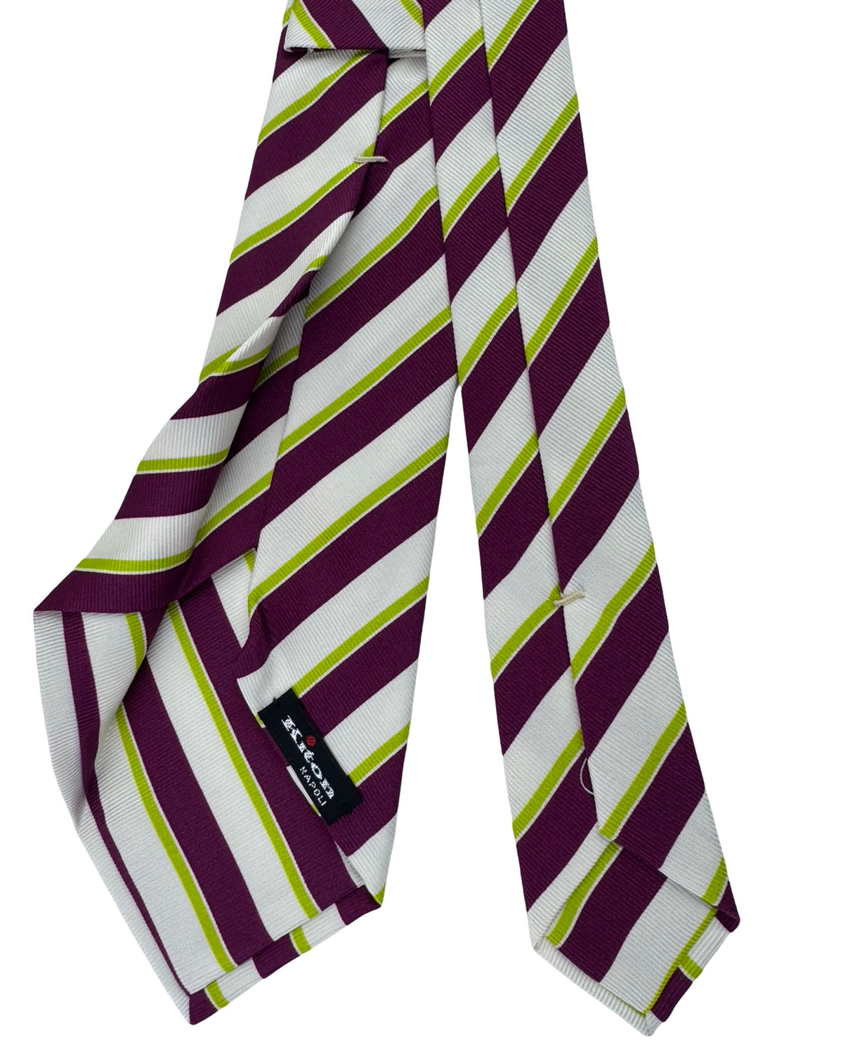 Kiton Sevenfold Tie Burgundy, White And Lime Stripe