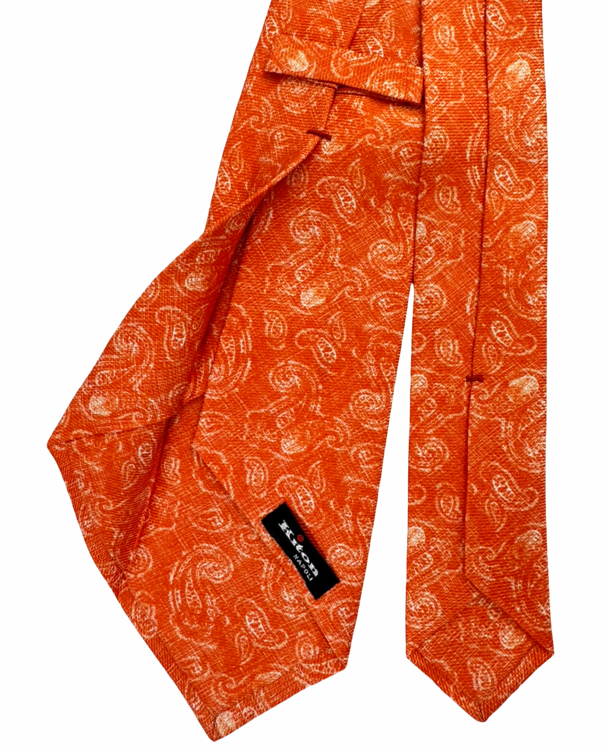 Kiton Sevenfold Silk Tie White Orange Paisley Design