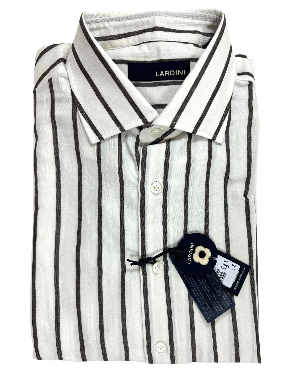 Lardini Dress Shirt White Brown Stripes Flax Wool Cotton 43 - 17 SALE