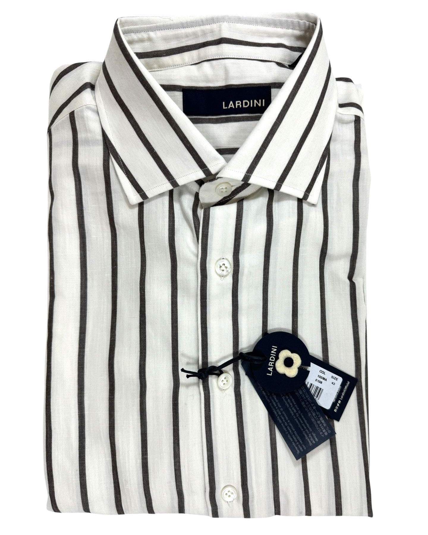 Lardini Dress Shirt White Brown Stripes Flax Wool Cotton 43 - 17 SALE