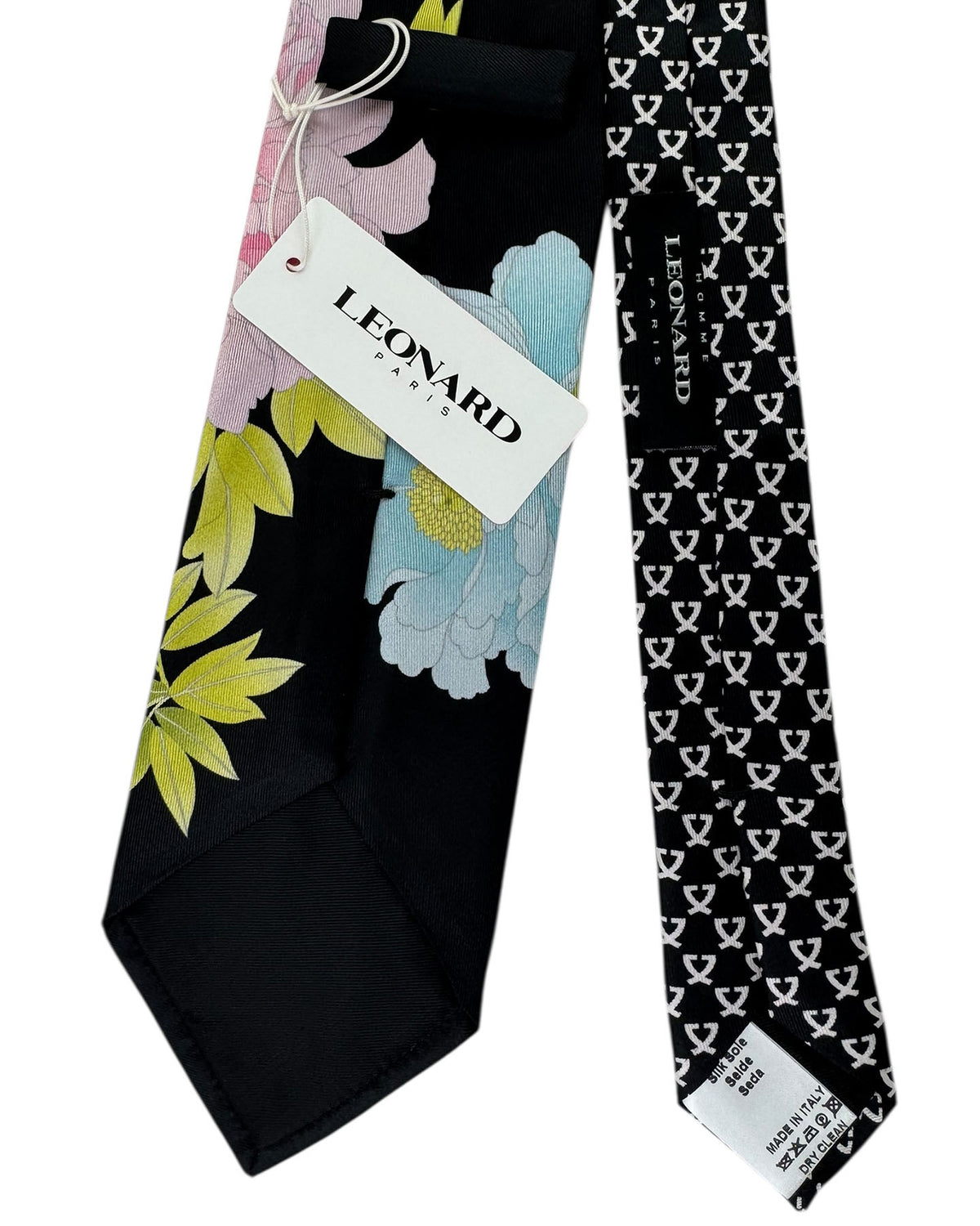 Leonard Paris Silk Tie Pink and Blue Peony on Black