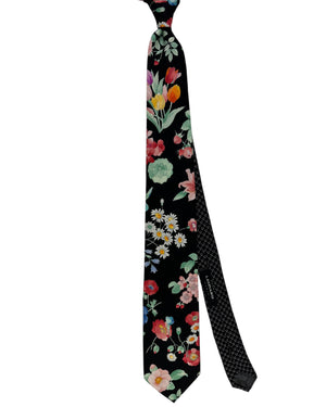 Leonard Paris Tie Black Garden Red Blue Pink Flowers