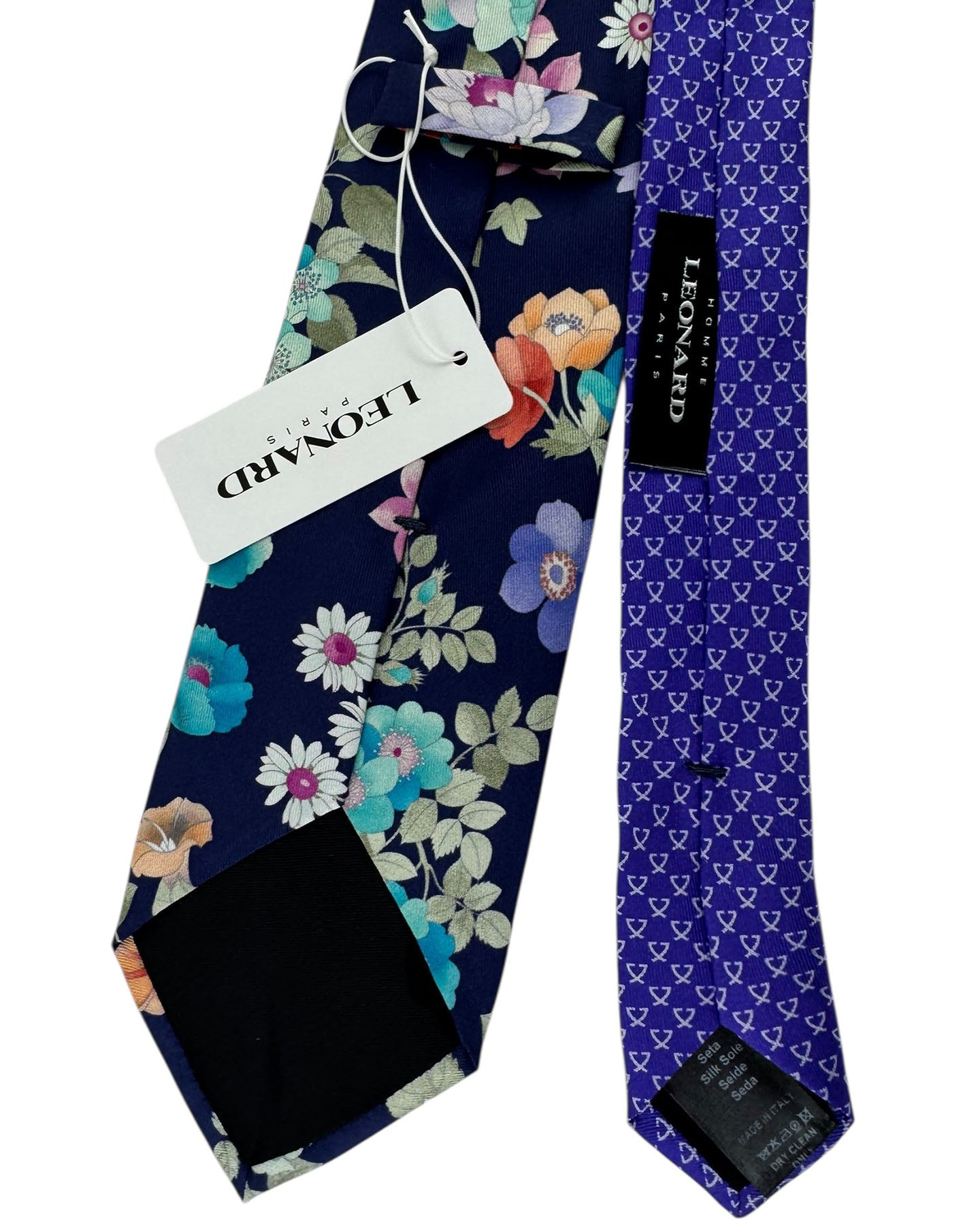 Leonard Paris Silk Tie Navy Garden Floral with Turquoise Blooms