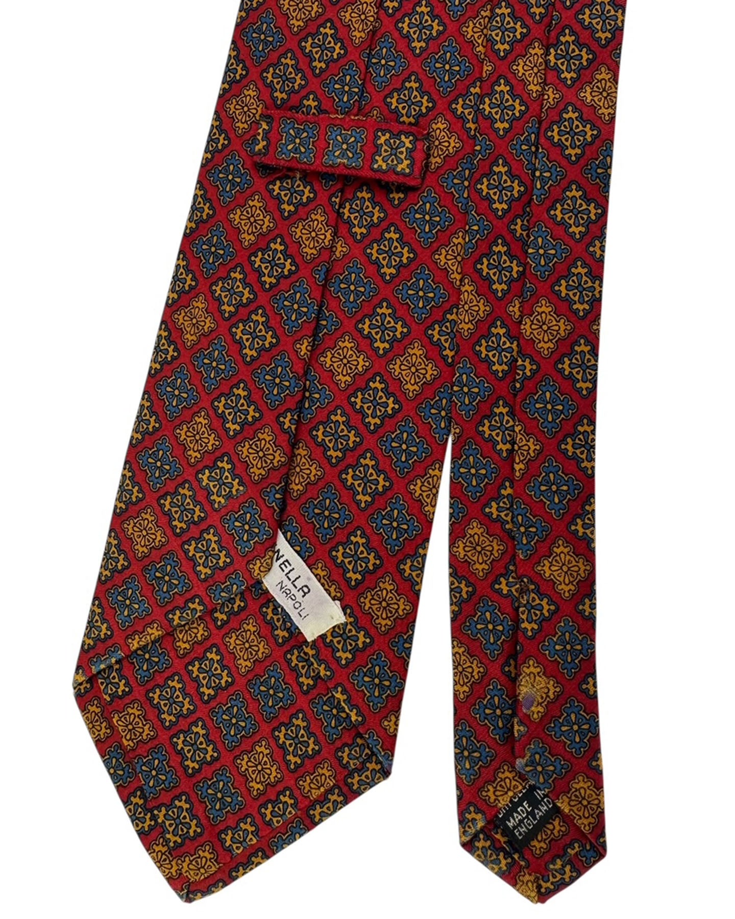 E. Marinella Red Tie With Gold and Blue Geometric Medallions Vintage