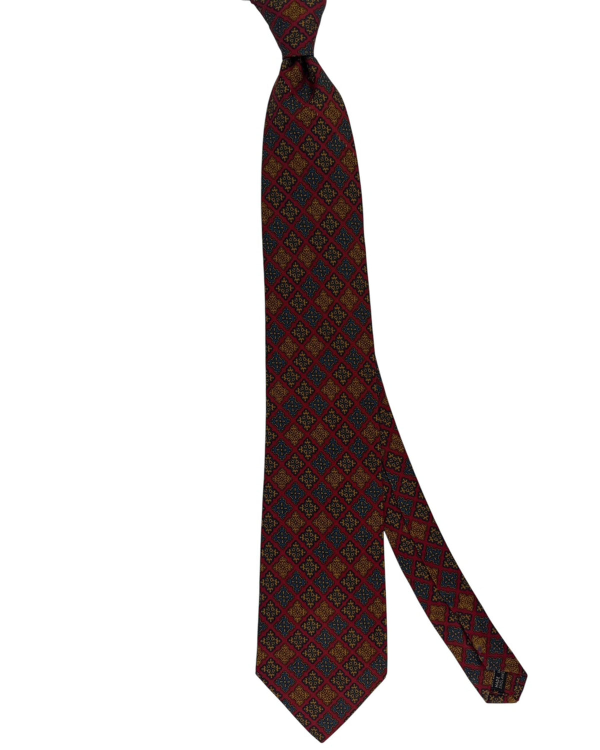 E. Marinella Red Tie With Gold and Blue Geometric Medallions Vintage