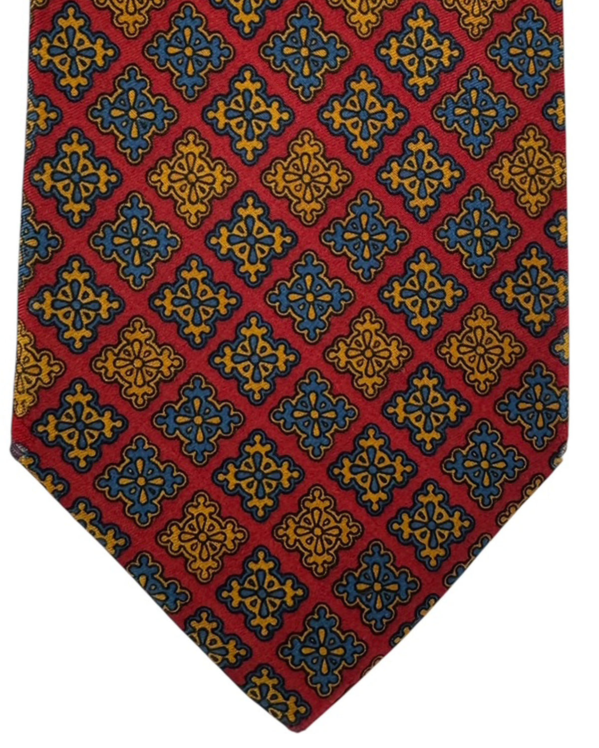 E. Marinella Red Tie With Gold and Blue Geometric Medallions Vintage