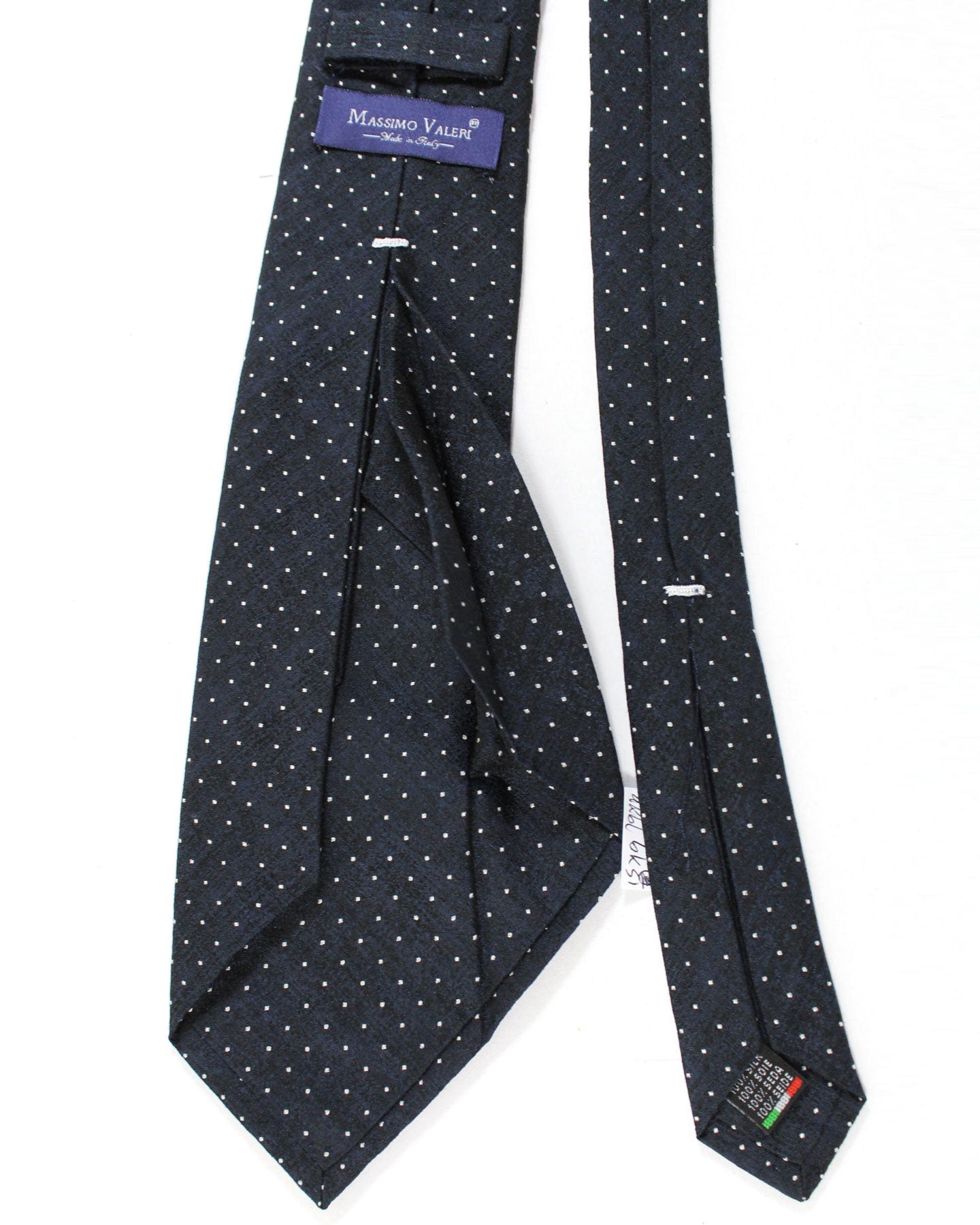 Massimo Valeri 11 Fold Tie Dark Blue Black Silver Mini Dots - Elevenfold Necktie