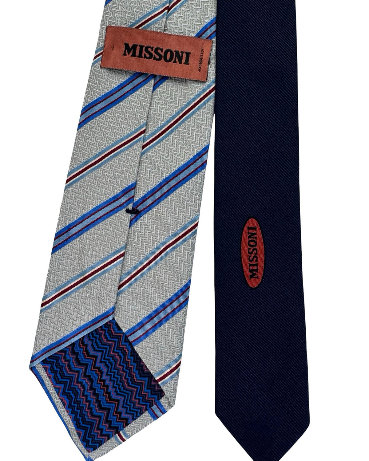 Missoni Tie Blue Gray Herringbone Royal Blue Bordeaux Stripes