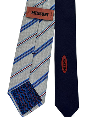 Missoni Tie Blue Gray Herringbone Royal Blue Bordeaux Stripes