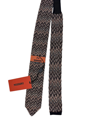 Missoni Knitted Tie Brown Herringbone Design Wool Silk