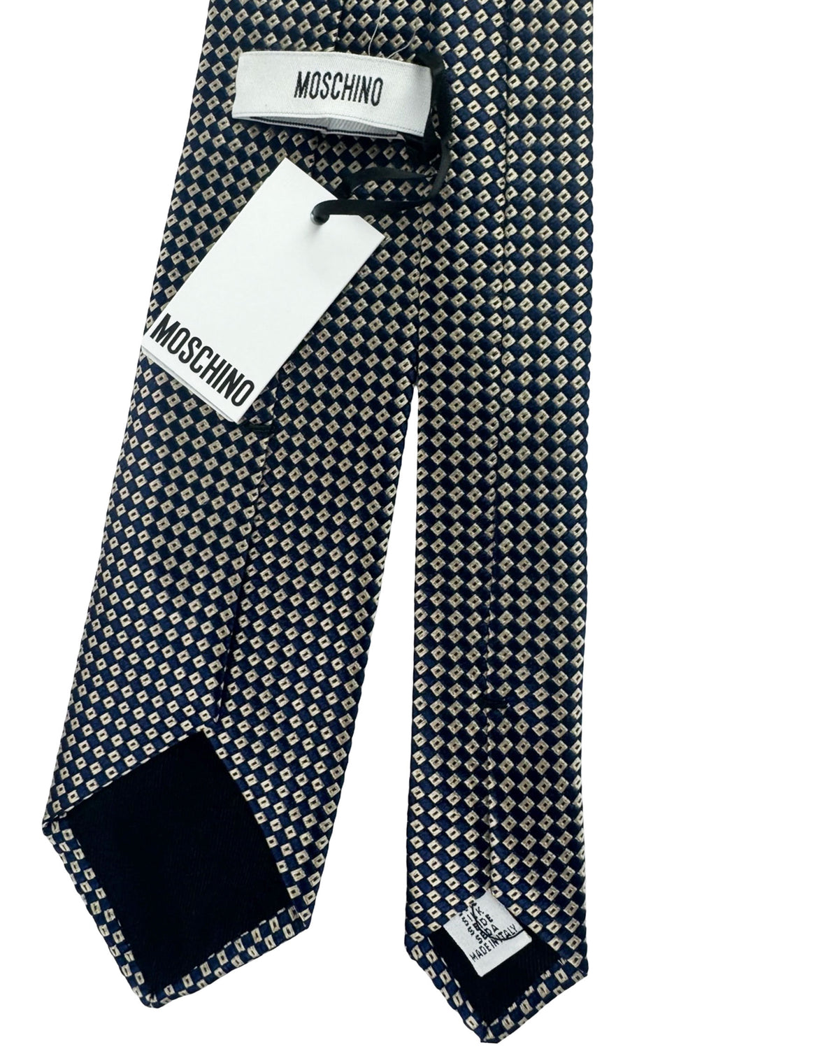 Moschino Silk Tie Navy Silver Pattern - Hand Made In Italy
