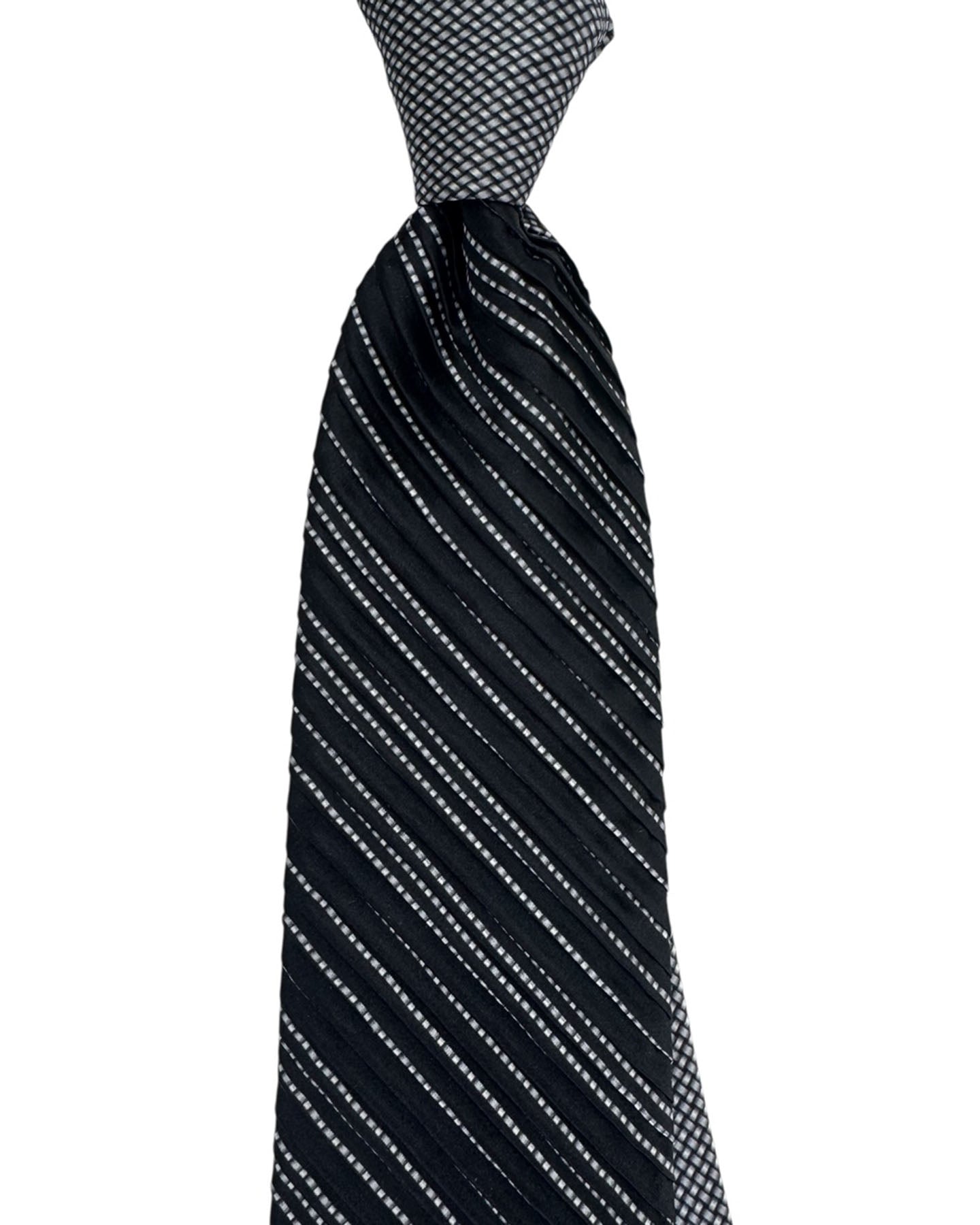 Vitaliano Pancaldi Pleated Silk Tie Black Gray-Silver Striped