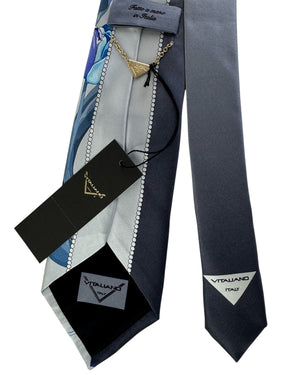 Vitaliano Pancaldi Silk Tie Blue Tulips On Silver And Navy