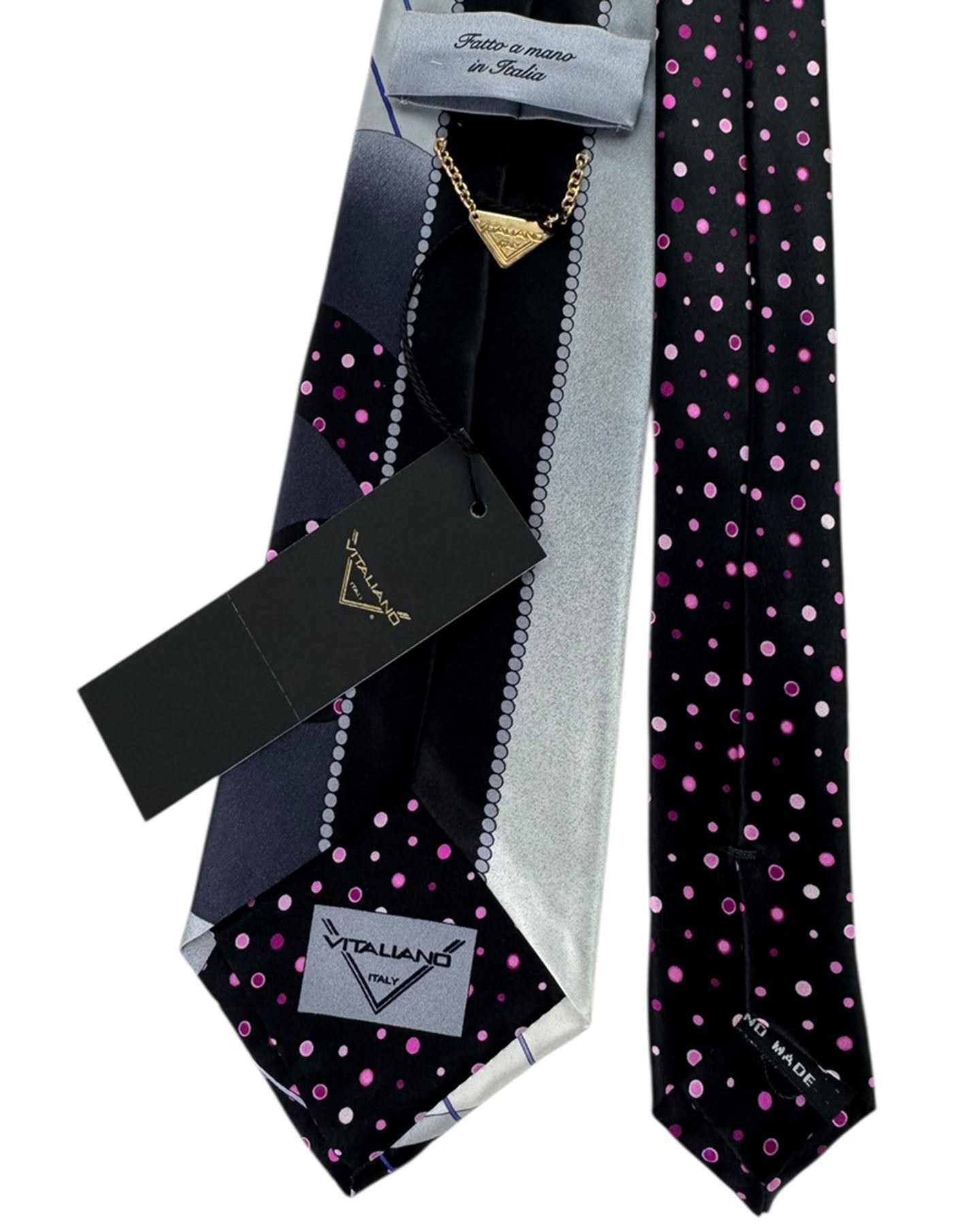 Vitaliano Pancaldi Silk Tie Silver Abstract Waves with Pink Accents