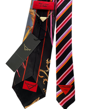 Vitaliano Pancaldi Silk Tie Black With Pink Stripes And Gold Scrollwork