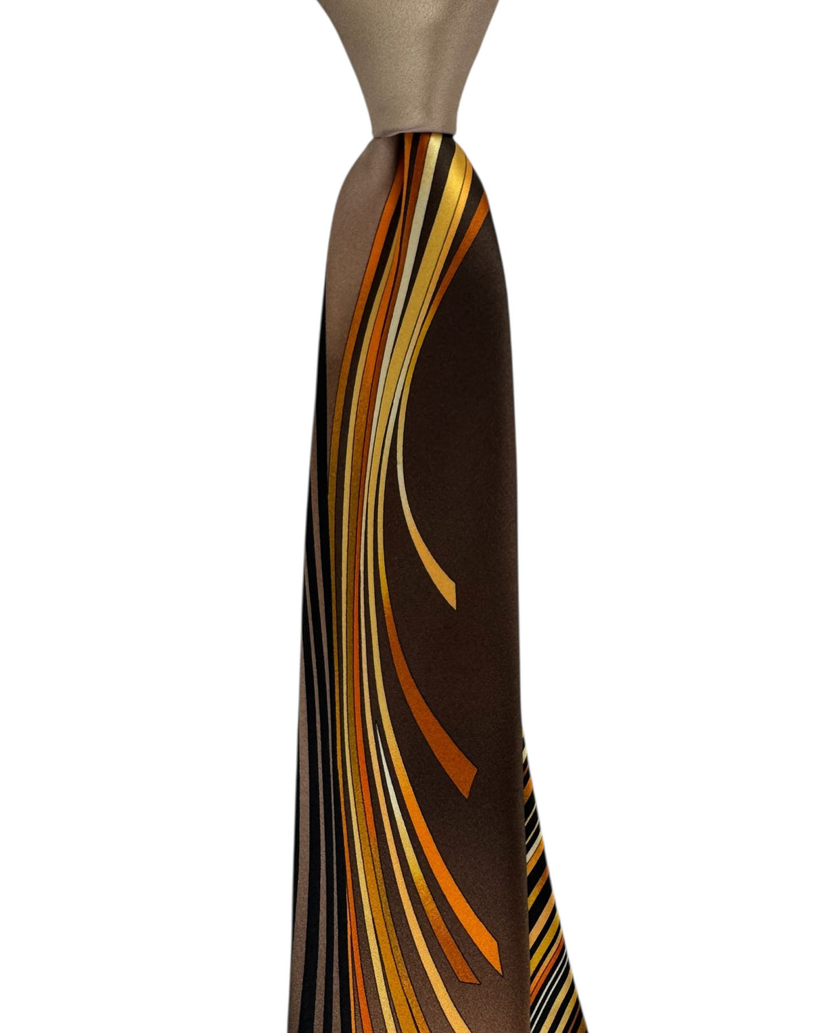 Vitaliano Pancaldi Silk Tie Brown With Gold And Orange Curved Stripe Pattern
