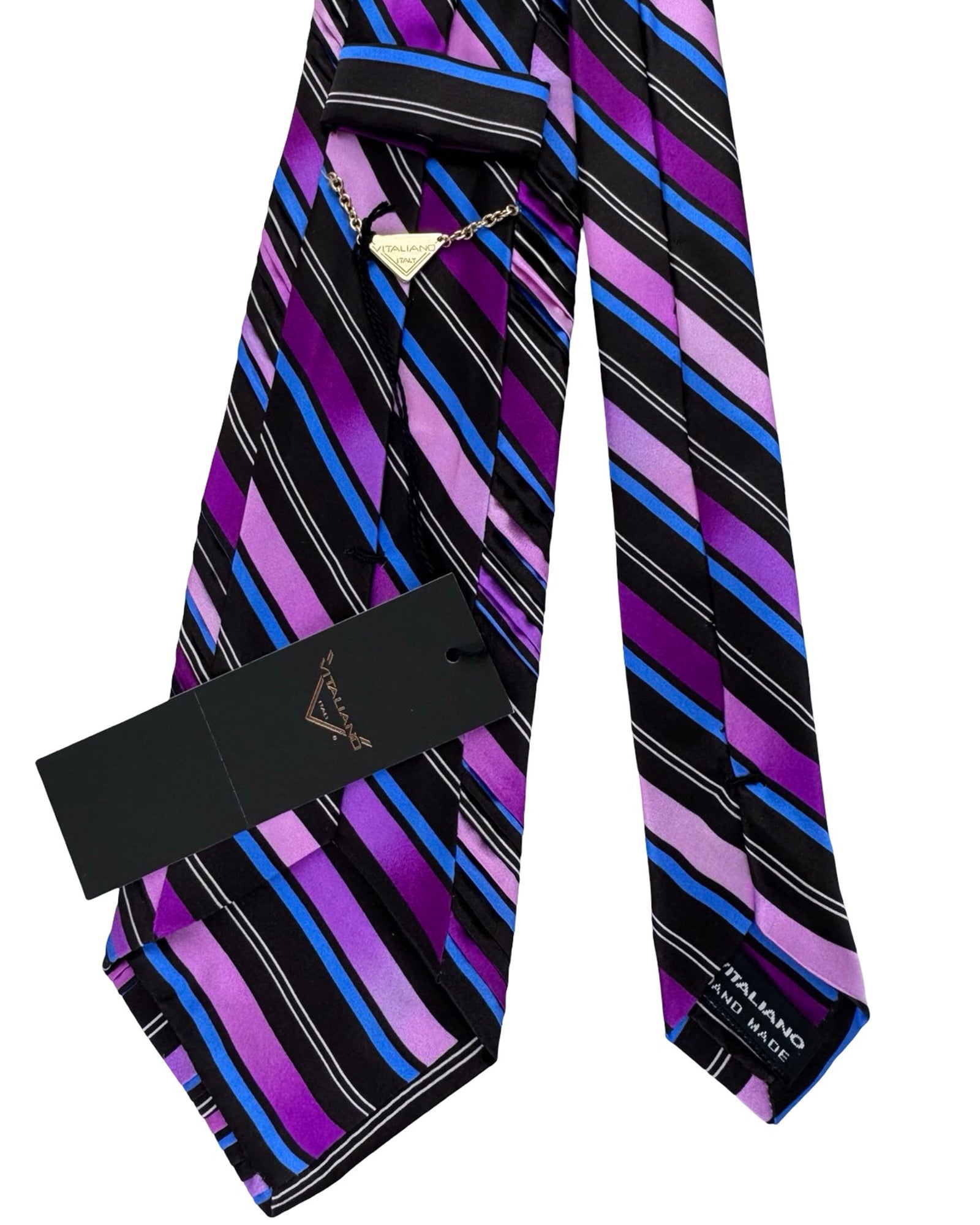 Vitaliano Pancaldi Pleated Silk Tie Purple Pink & Blue Stripe