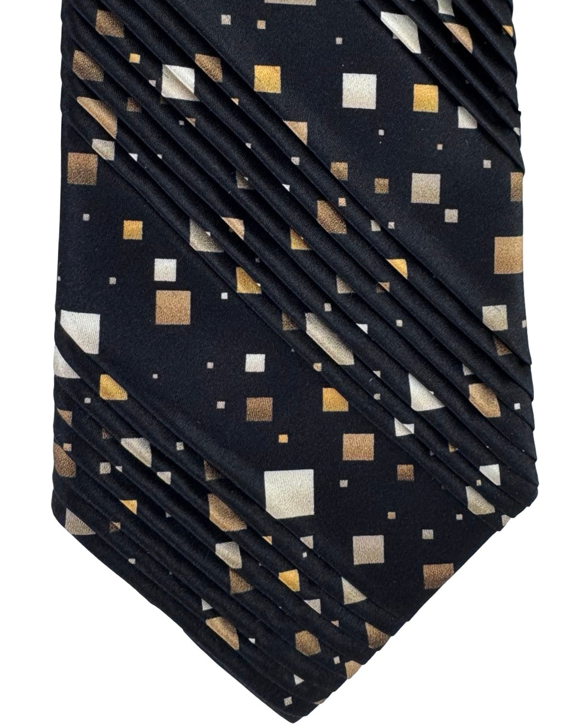 Vitaliano Pancaldi Pleated Silk Tie Black And Gold Abstract Square
